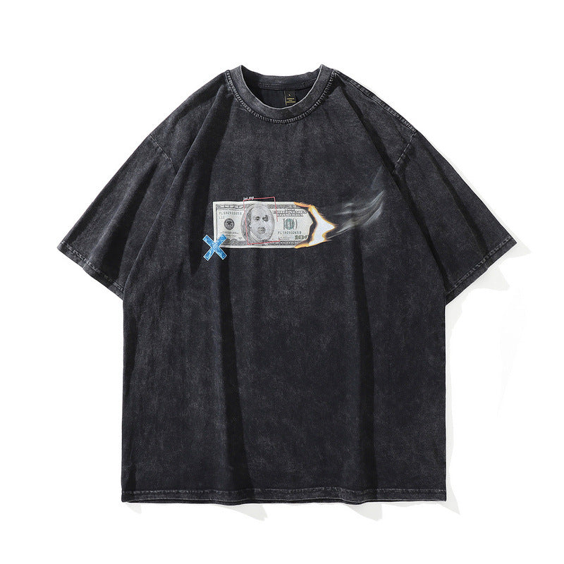 Washed Distressed Skeleton Print Cotton T-Shirt