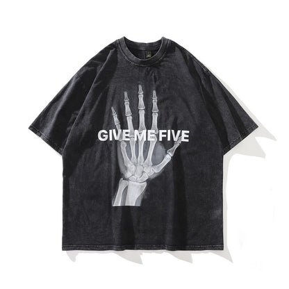 Washed Distressed Skeleton Print Cotton T-Shirt