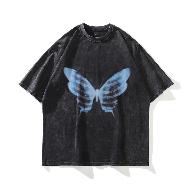 Washed Distressed Skeleton Print Cotton T-Shirt