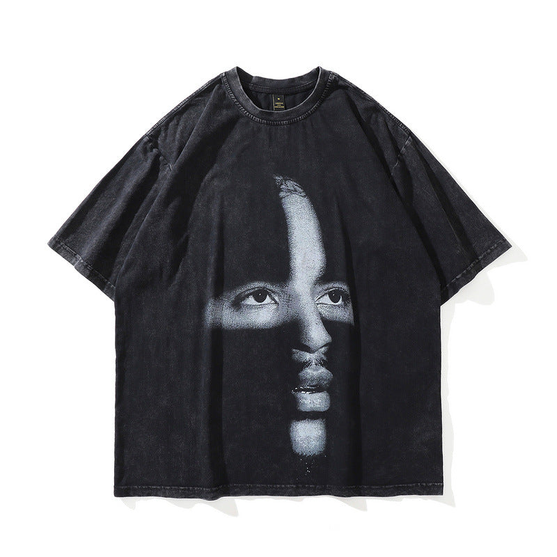 Washed Distressed Skeleton Print Cotton T-Shirt
