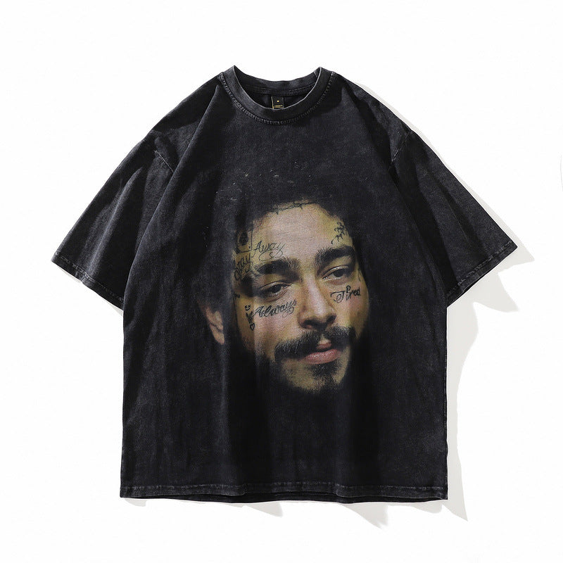Washed Distressed Skeleton Print Cotton T-Shirt