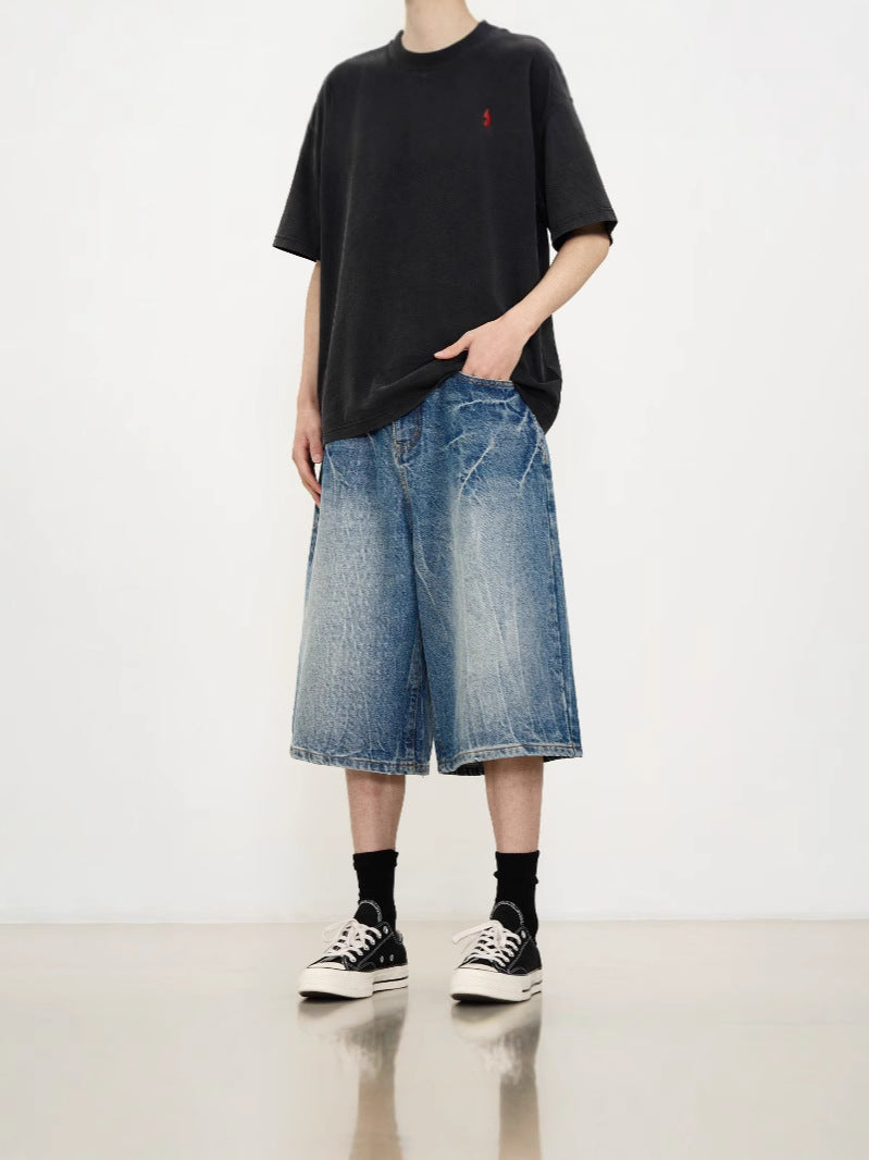 Washed Lightning Pattern Cropped Denim Shorts