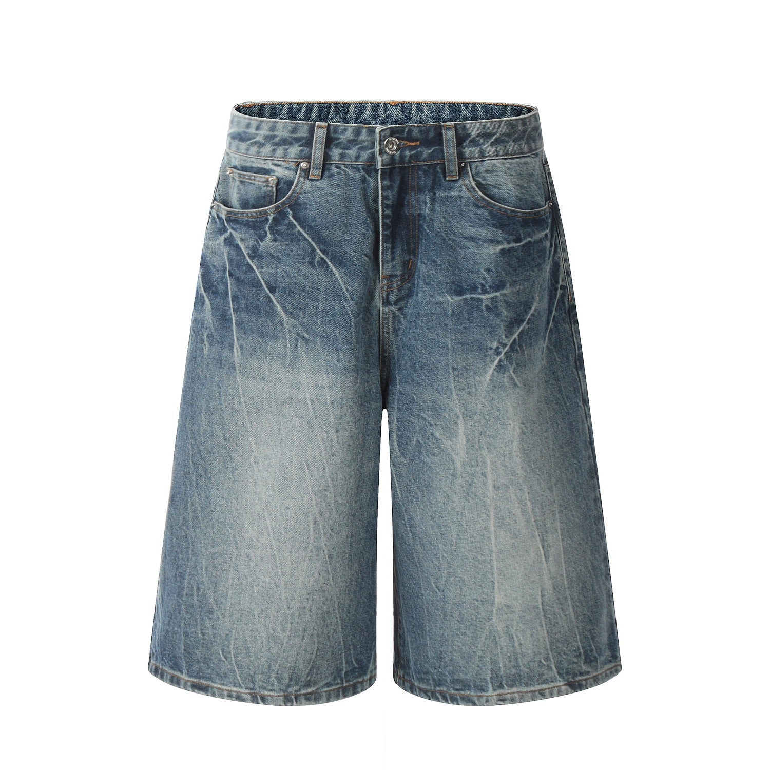 Washed Lightning Pattern Cropped Denim Shorts