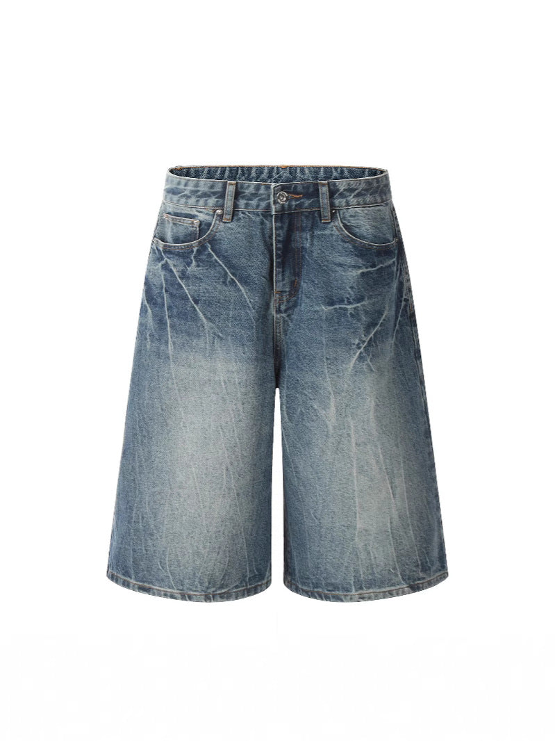 Washed Lightning Pattern Cropped Denim Shorts