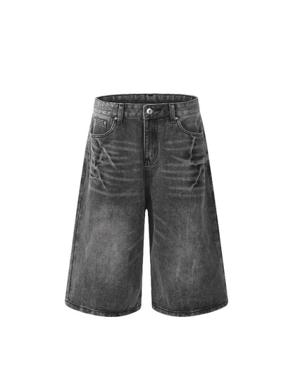 Washed Lightning Pattern Cropped Denim Shorts