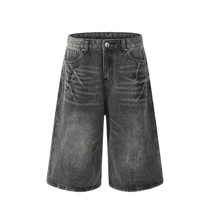 Washed Lightning Pattern Cropped Denim Shorts