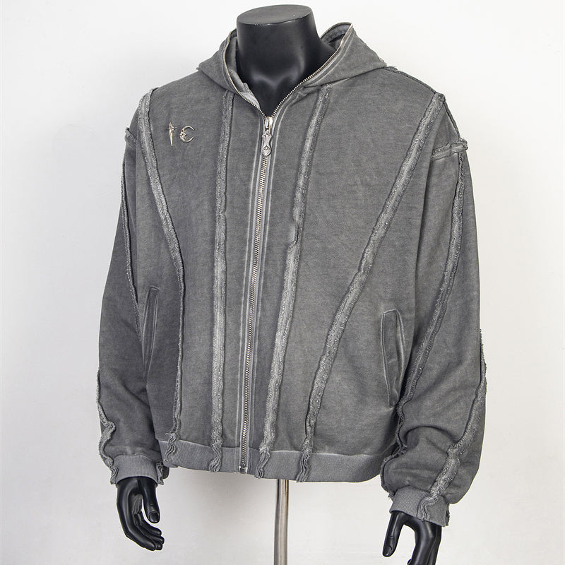 Washed metal zipper hooded sweater
