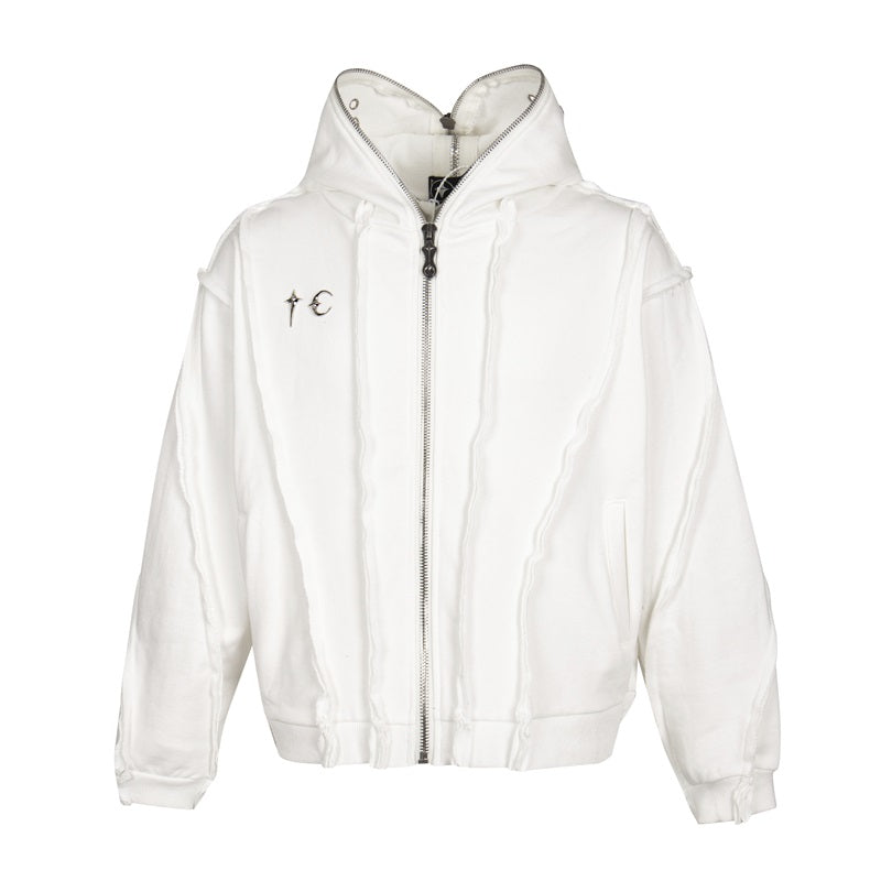 Washed metal zipper hooded sweater