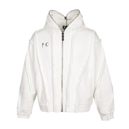 Washed metal zipper hooded sweater
