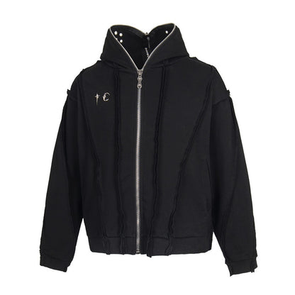 Washed metal zipper hooded sweater