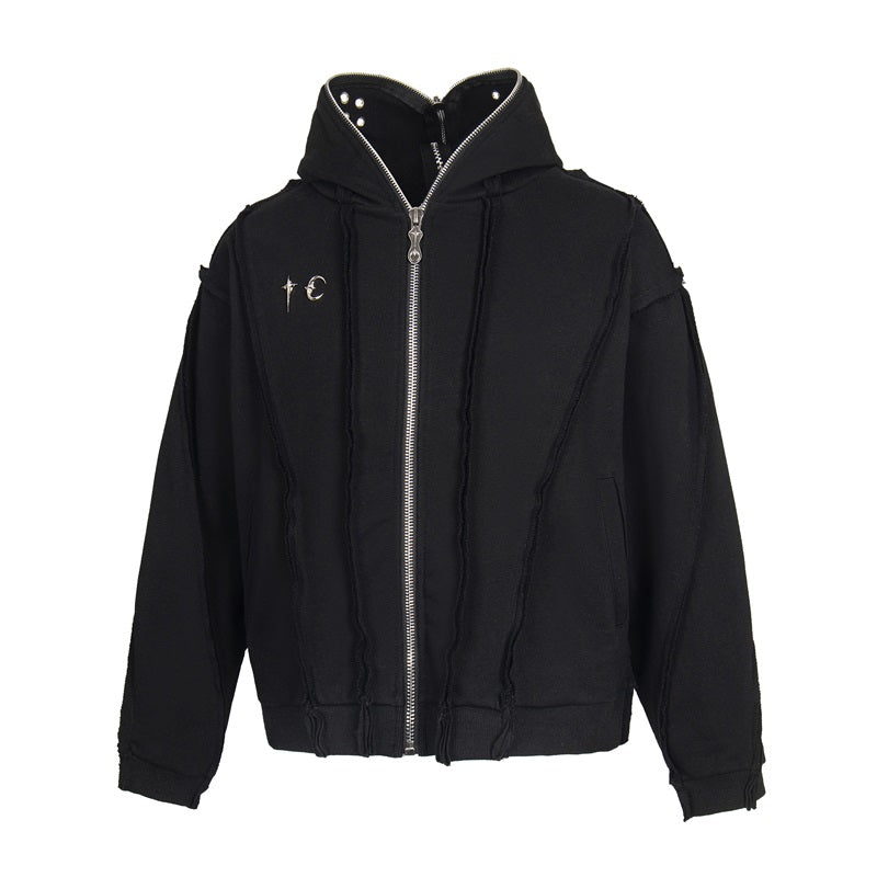Washed metal zipper hooded sweater