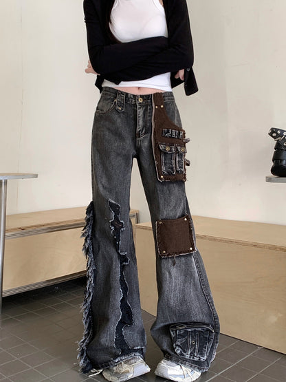 Washed patch denim pants