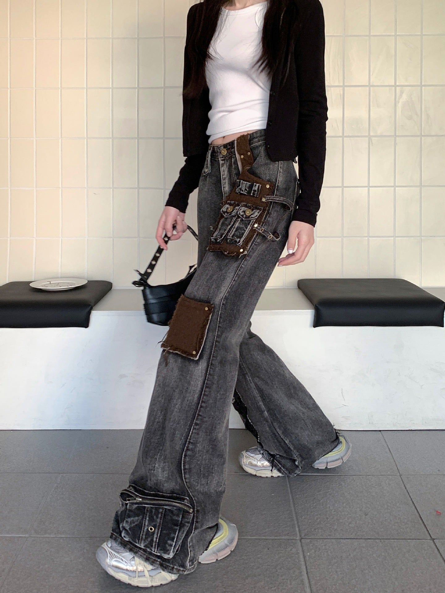 Washed patch denim pants