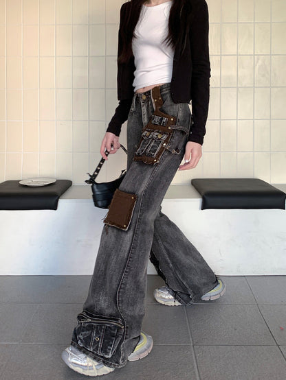 Washed patch denim pants