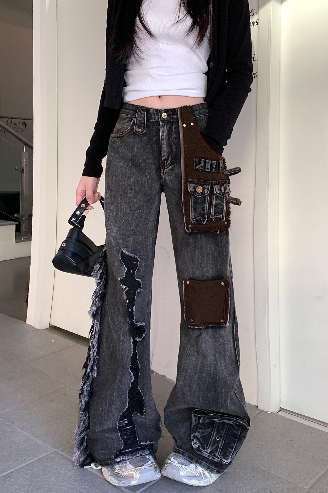 Washed patch denim pants