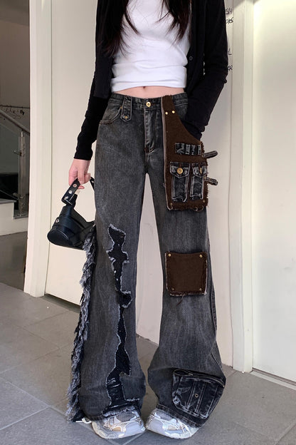 Washed patch denim pants