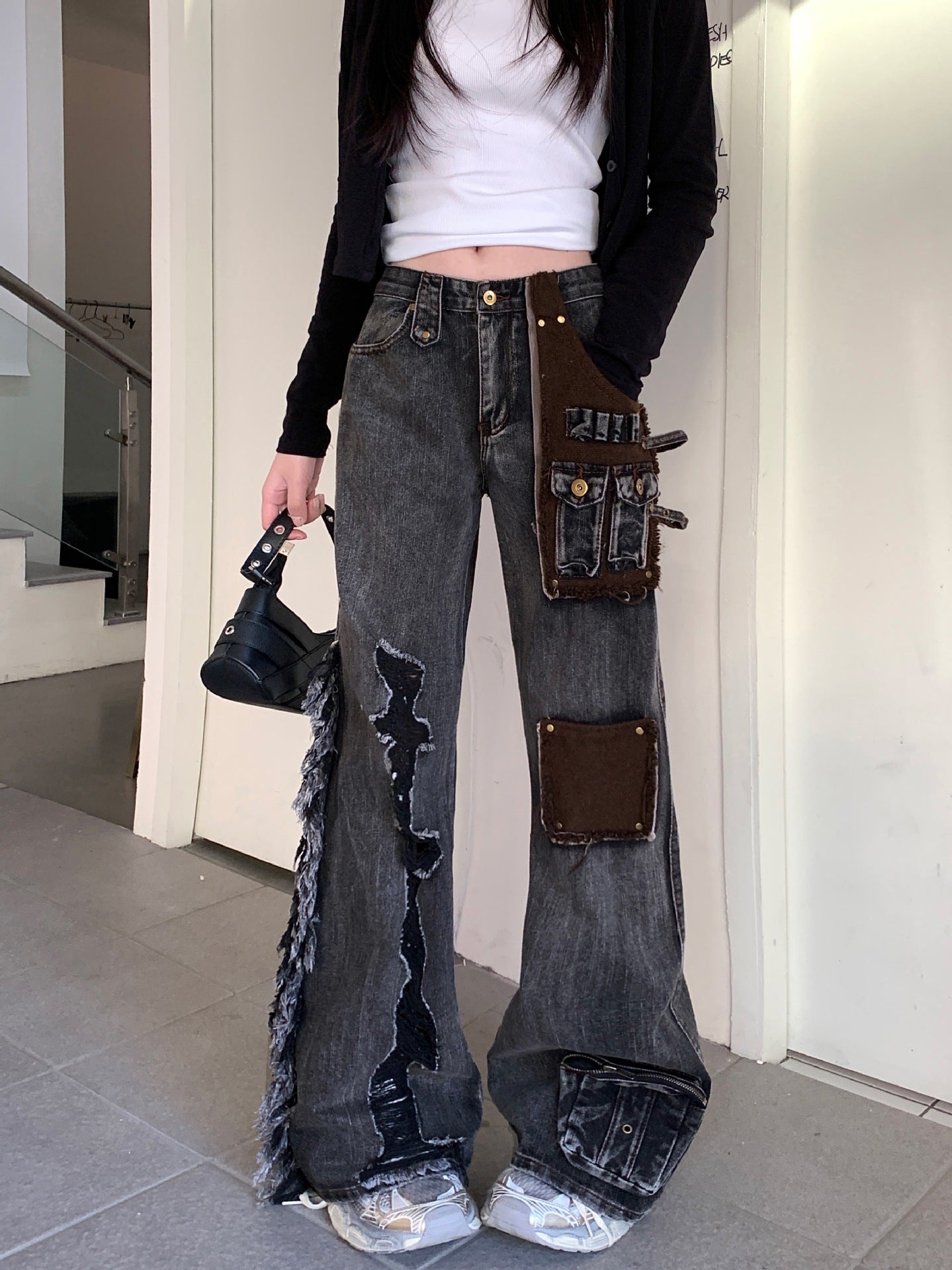 Washed patch denim pants