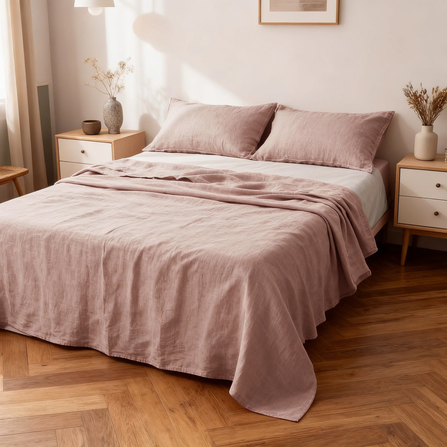 Washed Pure Linen Bed Sheet Solid Color Light Luxury