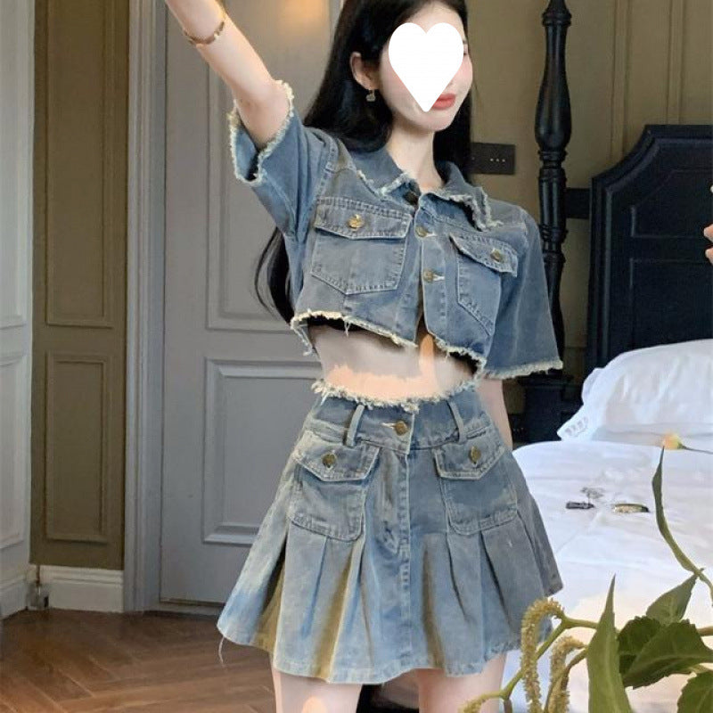 Washed Raw Edge Shirt Denim Suit