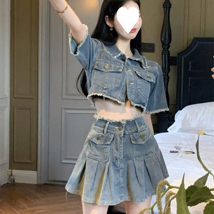 Washed Raw Edge Shirt Denim Suit