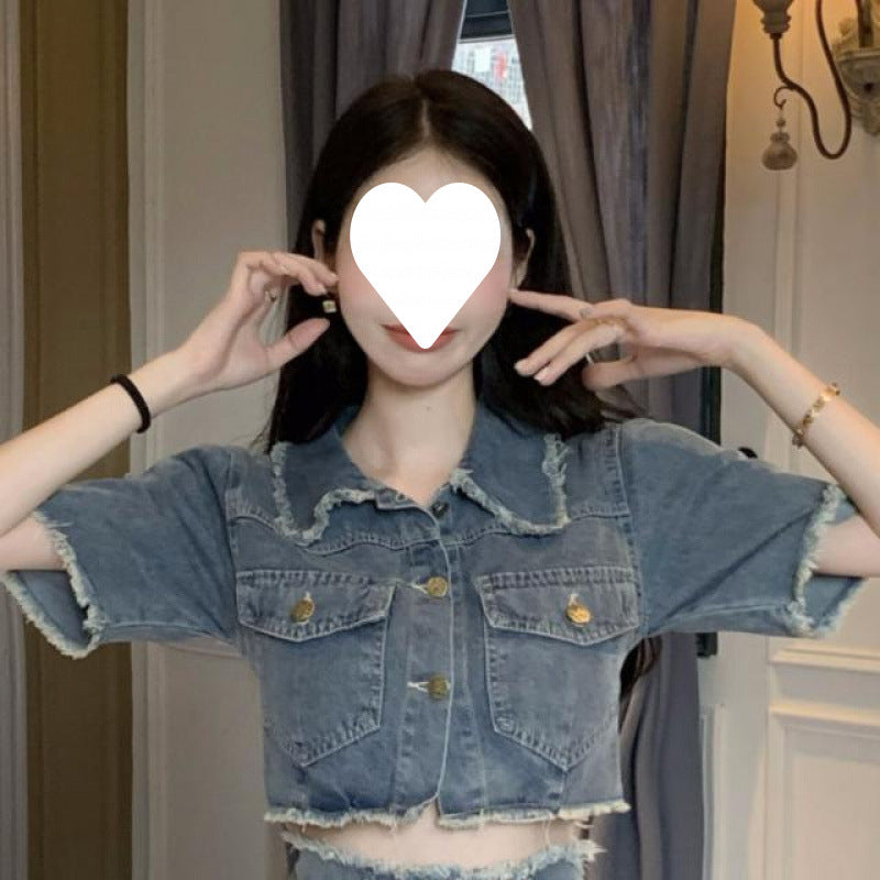 Washed Raw Edge Shirt Denim Suit
