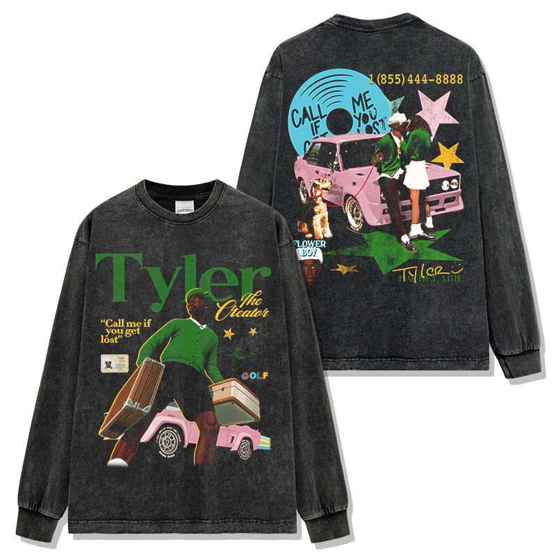 washed short-sleeve T-shirt and loose-fitting crew-neck hoodie with a hood