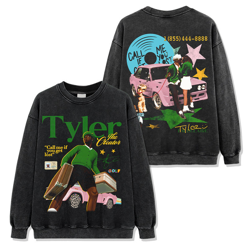 washed short-sleeve T-shirt and loose-fitting crew-neck hoodie with a hood