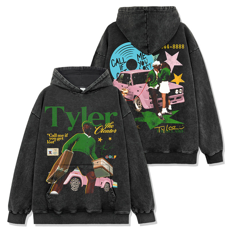 washed short-sleeve T-shirt and loose-fitting crew-neck hoodie with a hood