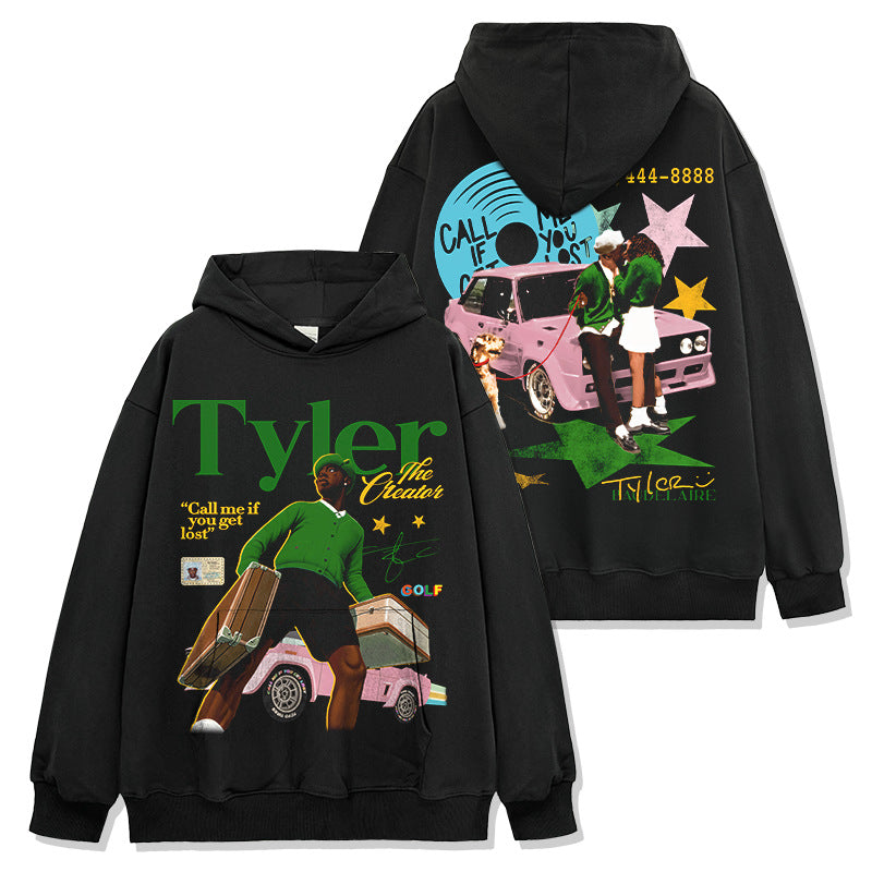 washed short-sleeve T-shirt and loose-fitting crew-neck hoodie with a hood