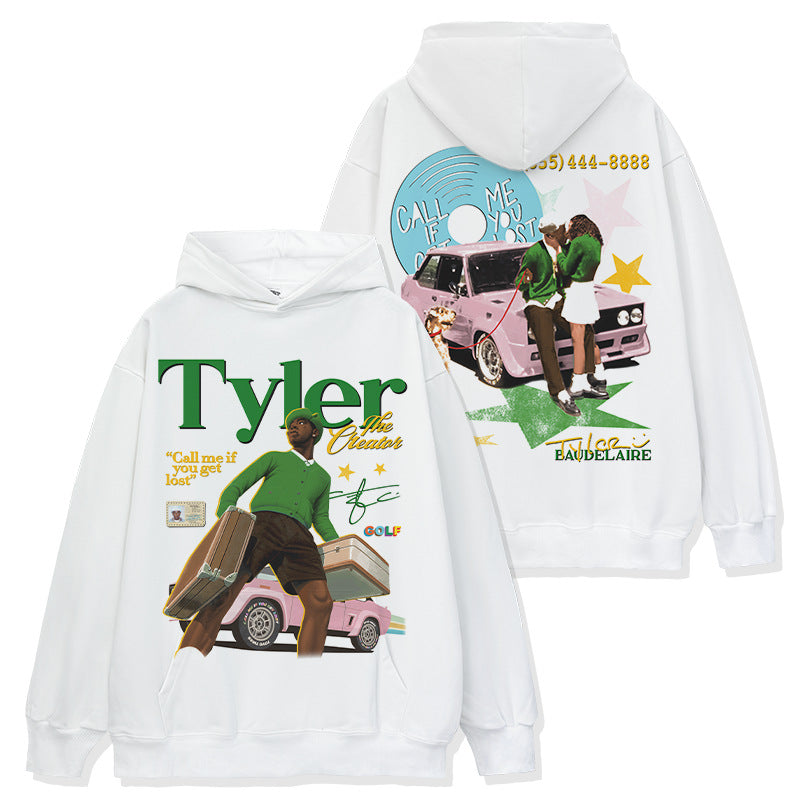 washed short-sleeve T-shirt and loose-fitting crew-neck hoodie with a hood