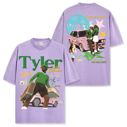 washed short-sleeve T-shirt and loose-fitting crew-neck hoodie with a hood
