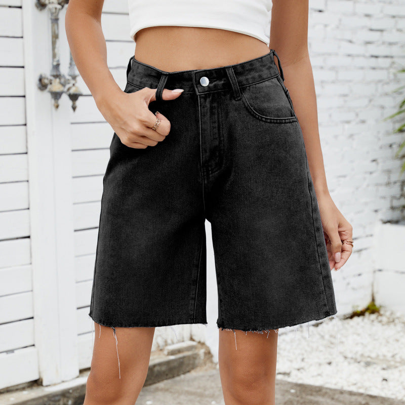 Washed Straight-Leg Frayed Denim Shorts