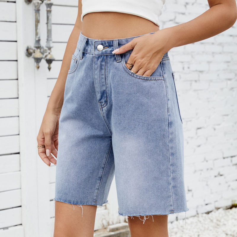 Washed Straight-Leg Frayed Denim Shorts