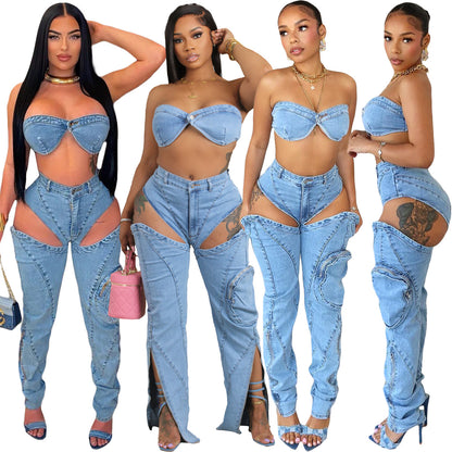 Washed Stretch Denim Zip-Front Slit Set