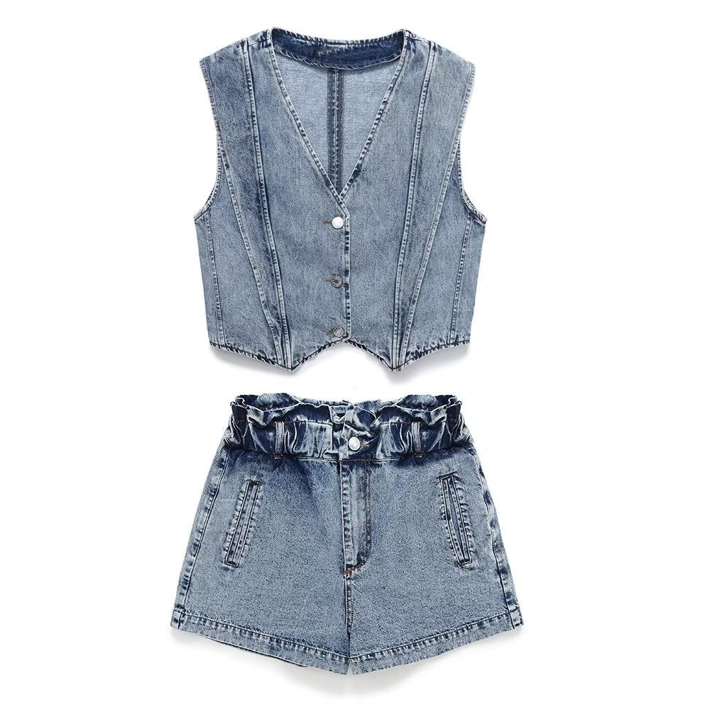 Washing effect denim vest shorts set