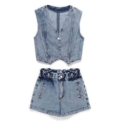 Washing effect denim vest shorts set