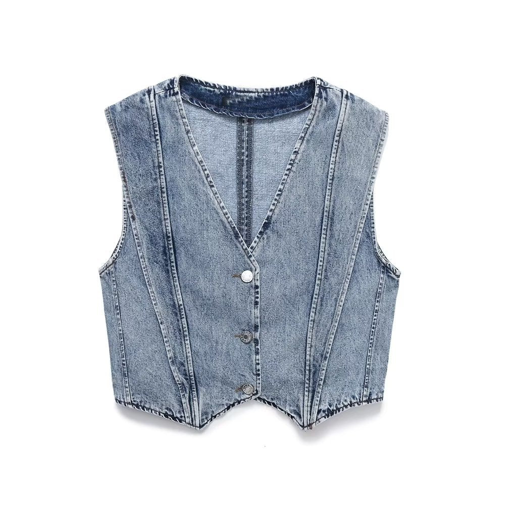 Washing effect denim vest shorts set