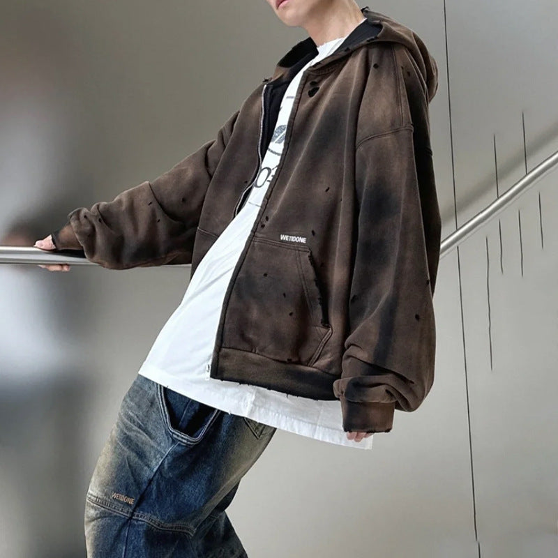 Wasteland-style washed water-stained hole bomber jacket