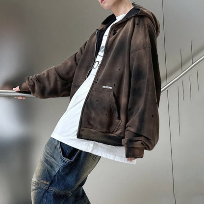 Wasteland-style washed water-stained hole bomber jacket