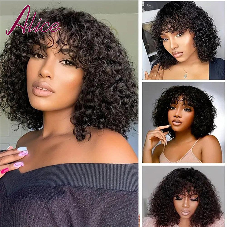 Water Wave Human Hair Wig with Bangs