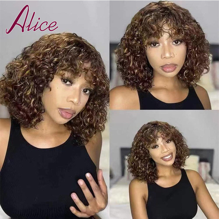 Water Wave Human Hair Wig with Bangs