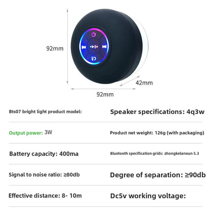 Waterproof Bluetooth Speaker with LED Light and Suction Cup