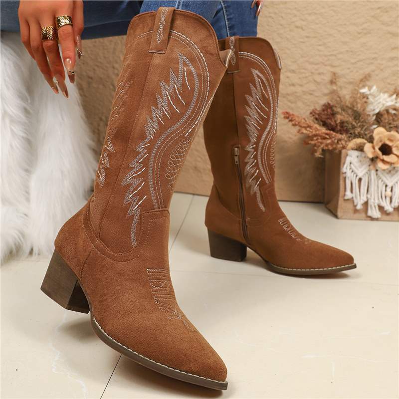 Western Suede Ankle Boots for Women with Embroidery
