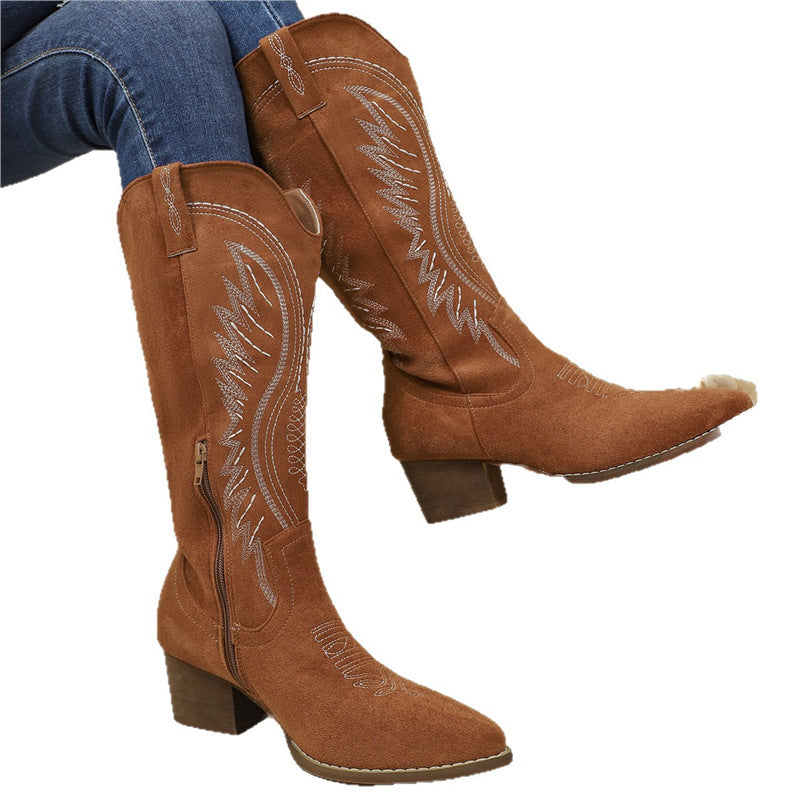 Western Suede Ankle Boots for Women with Embroidery