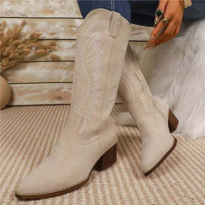 Western Suede Ankle Boots for Women with Embroidery