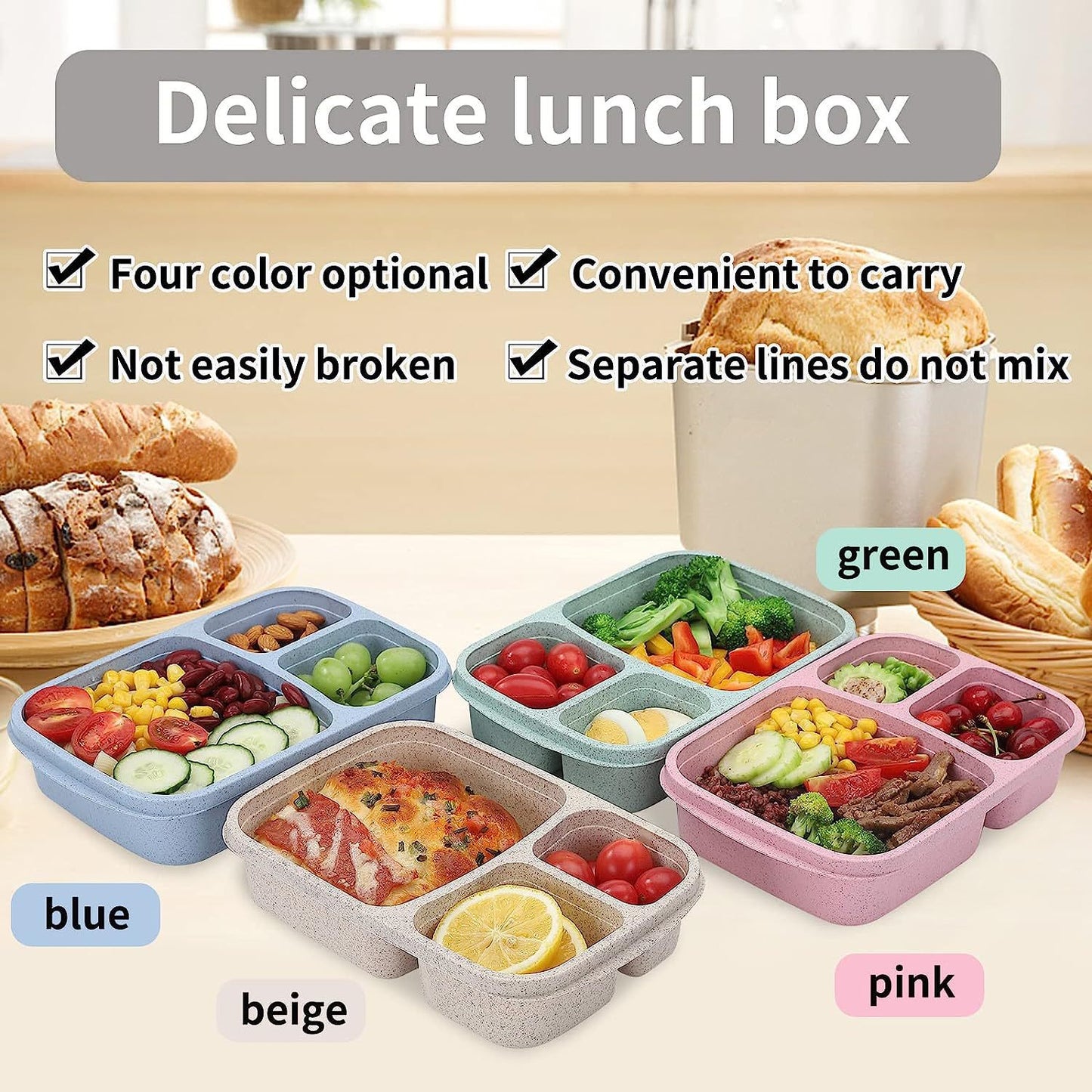 Wheat Straw Three-Compartment Microwave Safe Lunch Box