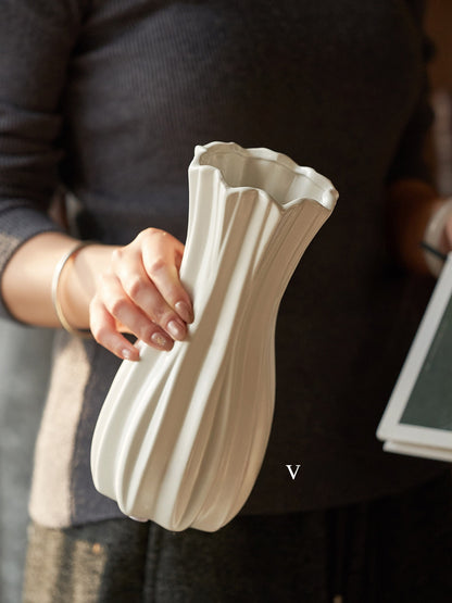 White Ceramic Vase with Wavy Stripes