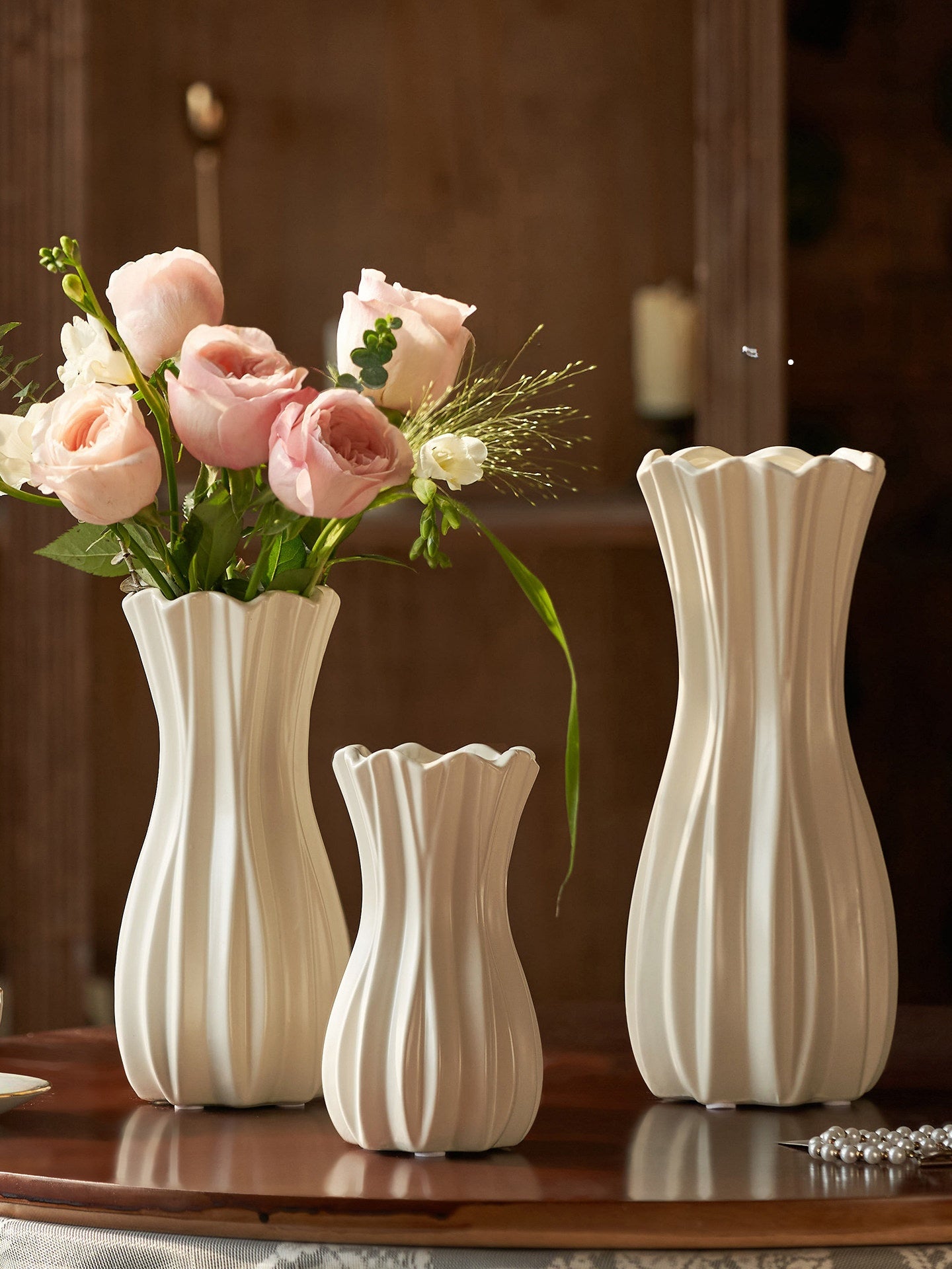 White Ceramic Vase with Wavy Stripes