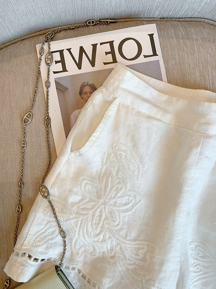 White High Waist Linen Hollow Out Wide Leg Shorts
