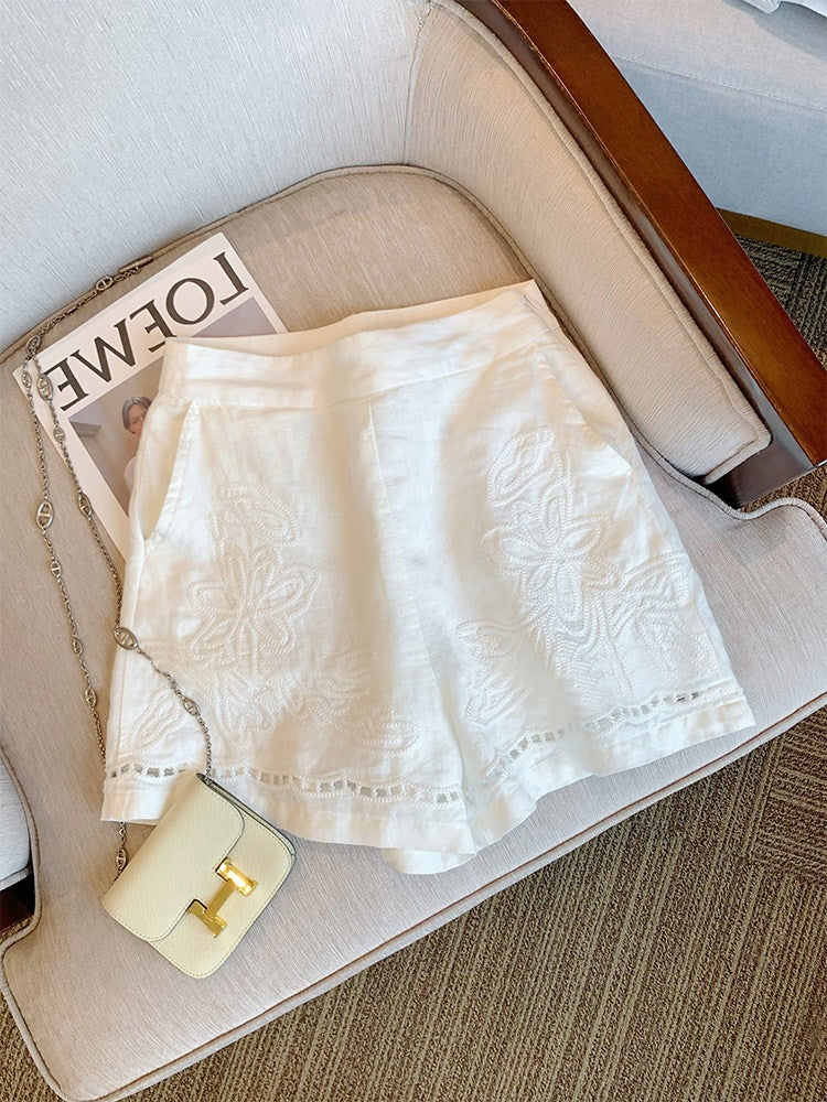 White High Waist Linen Hollow Out Wide Leg Shorts